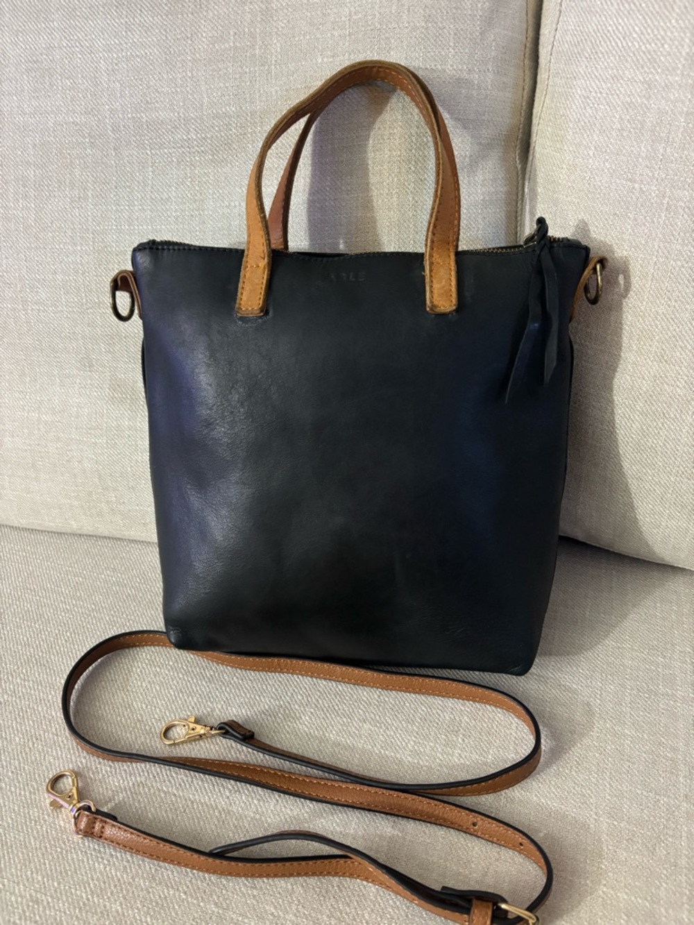 ABLE Black Leather Tote with Tan Handles